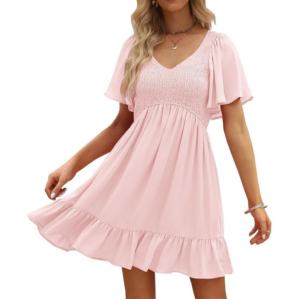 Women's Polyester Flowy Mini Dress V Neck Pockets Casual Summer Vacation